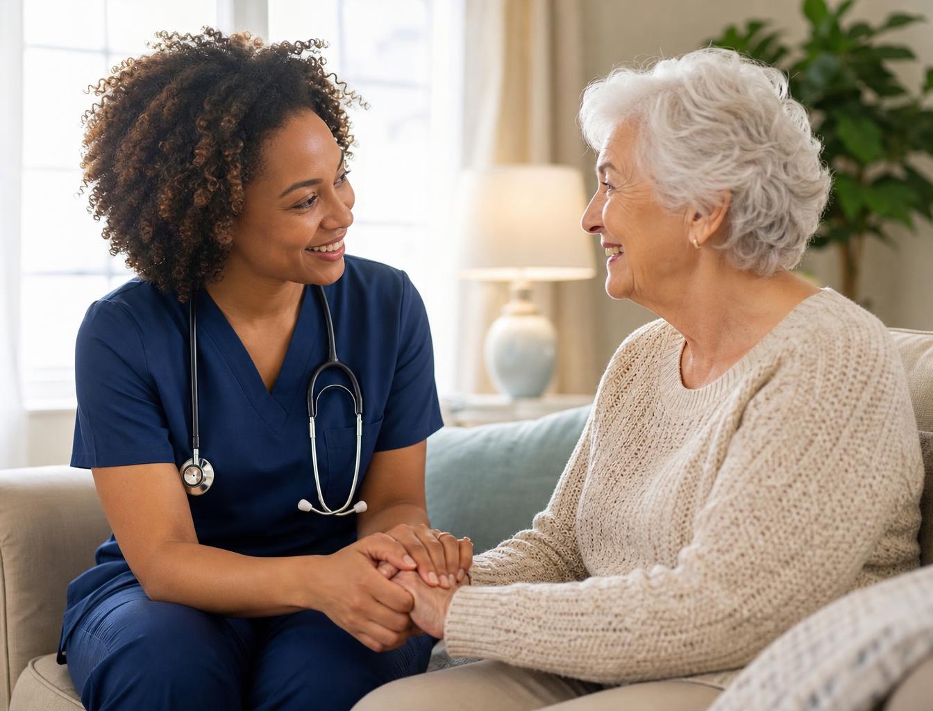 Concierge nurse holding hands with a smiling elderly client at home