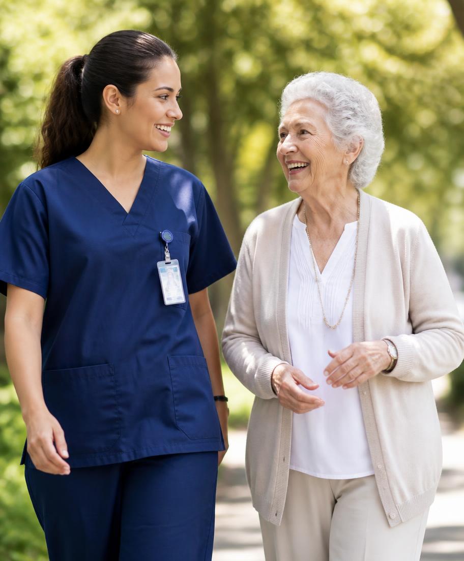 Nurse walking outdoors with an elderly client